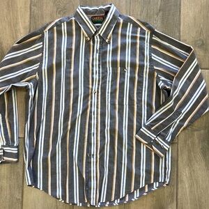 Oakton Shirt Men's Size L Gray Yellow White Striped Button Up Cotton Vintage